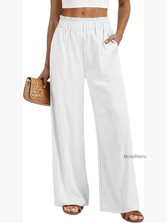 Pants - High Waist Wide Leg Palazzo Pants Flowy Linen Feel Casual Trousers